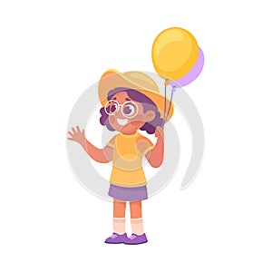 Entertainment with Little Girl Standing with Toy Balloon in Amusement Park Vector Illustration
