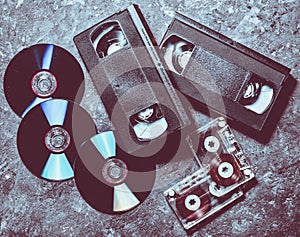 Entertainment and media technology from the 90s. CD& x27;s, audio cas