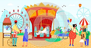 Entertainment park with carousel and ferris wheel, fun festival and amusement for kids, clowns isolated vector