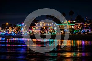 The entertainment park at night, has colorful lights reflecting in the water. Vacation house next to the sea, attractions.