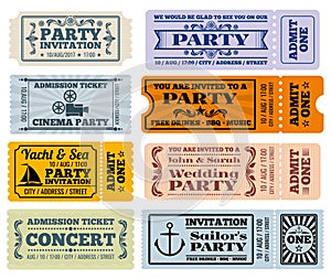 Entertainment, party and cinema vector vintage tickets coupons templates