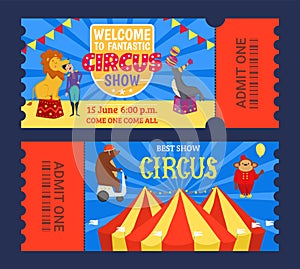 Entertainment show circus ticket to tent design, vector illustration. Carnival performance banner set, retro amusement