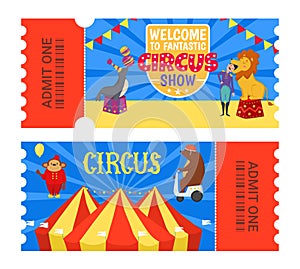 Entertainment show circus ticket to tent design, vector illustration. Carnival performance banner set, retro amusement