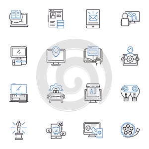 Entertainment studio line icons collection. Productions, Studios, Cinema, Films, Media, Streaming, Showbiz vector and