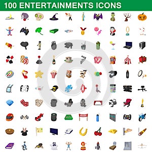 100 entertainments icons set, cartoon style