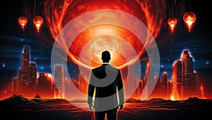 Enthralled man captivated by alien invasion, ufo flying in the sky, retro wave style illustration