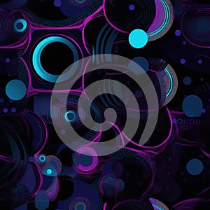 Enthralling maximalist pattern with blue and purple circles on black