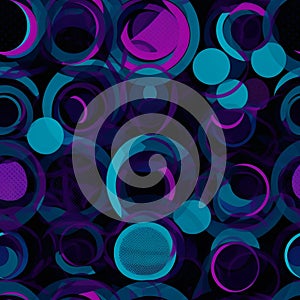 Enthralling maximalist pattern with blue and purple circles on black