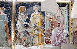 Enthroned Madonna and Child, Saint George, a Saint and a worshipper Knight