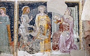 Enthroned Madonna and Child, Saint George, a Saint and a worshipper Knight