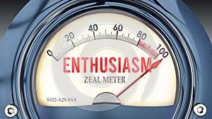 Enthusiasm and Zeal Meter that is hitting a full scale, showing a very high level of enthusiasm ,3d illustration