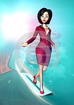 Enthusiastic 3D Businesswoman on the Road to the Future