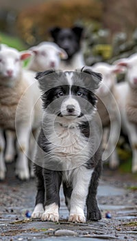 Enthusiastic border collie puppy showcasing herding skills in a vibrant green pasture