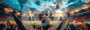 Enthusiastic crowd of football fans cheering at the stadium with vibrant competition banner