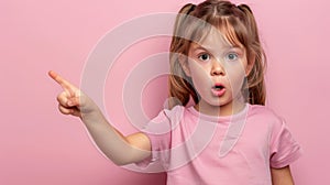 Enthusiastic girl pointing on pastel background with ample space for text placement