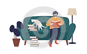 Enthusiastic guy reading book sitting on couch vector flat illustration. Literature lover resting at home surrounded by