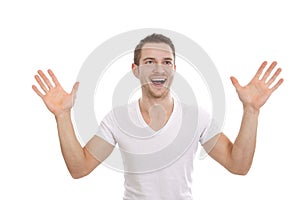 Enthusiastic happy man with hands up