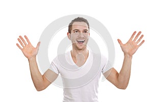Enthusiastic happy man with hands up photo