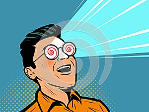 Enthusiastic man with glasses under hypnosis. Retro comic pop art vector illustration