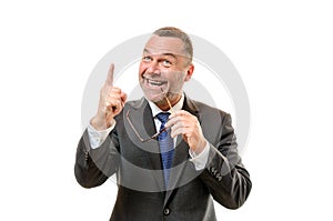 Enthusiastic man pointing to blank copy space