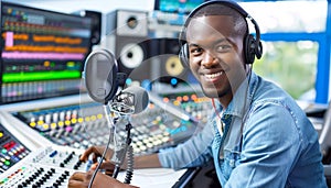 Enthusiastic radio presenter joyfully speaking into microphone during live broadcast in studio