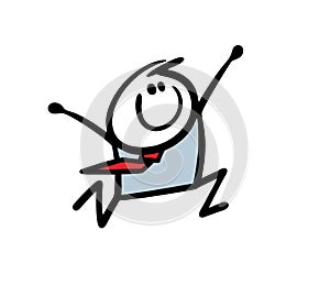 Enthusiastic stickman businessman runs merrily towards success. Vector illustration of a confident person.