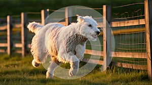 Enthusiastic White Sheepdog Running in Green Field at Sunset