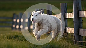 Enthusiastic White Sheepdog Running in Green Field at Sunset