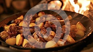 The enticing aroma of roasted sausage and potatoes wafts through the air luring hungry bellies to the fireplace. The photo