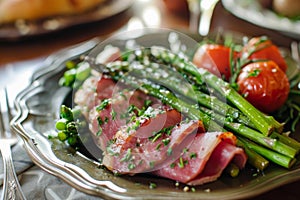 Enticing Asparagus ham plate. Generate Ai photo