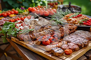 Enticing Barbecue table meat vegetables. Generate Ai photo