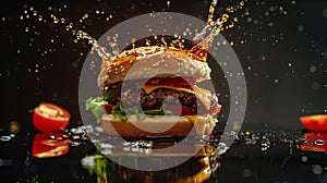enticing image of a burger splash isolated on the dark background