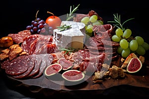 Enticing Meat cheese fruits tray. Generate Ai photo