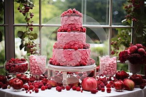 Enticing Raspberry cake on table. Generate Ai photo