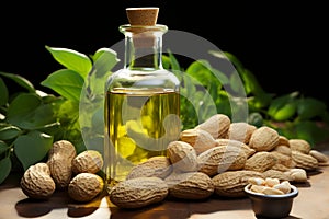 An enticing scene peanuts with verdant leaves and a bottle of peanut oil