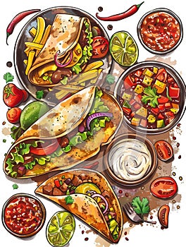 An enticing spread of mouthwatering Mexican dishes, featuring spicy tacos, creamy salsas, tangy lime wedges, and vibrant