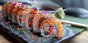 Enticing Sushi Rolls with Luscious Salmon and Shiny Roe for Epicurean Pleasure