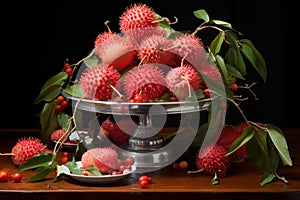 Enticing Whole and half rambutan fruit on table. Generate ai