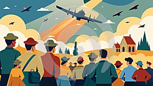 An entire community gathers to watch in amazement as vintage planes soar overhead their presence a tribute to the photo