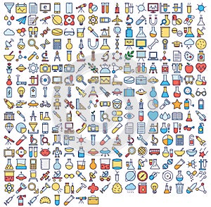 Science and Technology Isolated Vector icons set consist with medical lab, chemistry, plane, mobile, and dna