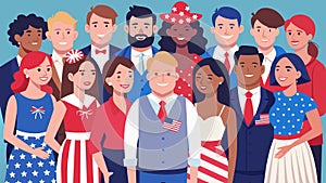The entire wedding party coming together for a group photo all wearing matching American flagthemed accessories.. Vector