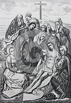 Entombment of Jesus by Jean van Eyck engraved in a vintage book History of Painters, author Jules Benouard, 1864, Paris photo