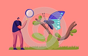 Entomologist Scientist or Amateur Character Search and Study Butterfly in Wild Nature and Fauna. Man with Magnifier photo
