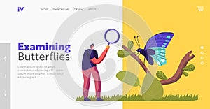 Entomology Landing Page Template. Entomologist Character Search and Study Butterfly Insects in Wild Nature and Fauna