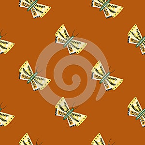 Entomology seamless pattern with folk butterfly elements. Brown background. Minimalistic wildlife print