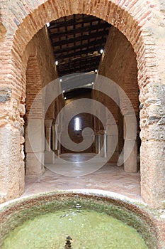 Entrance arch and ablutions fountain of the 10th century mosque of Almonaster la Real. Huelva, Spain