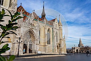 entrance of beautiful Matyas templom Matthias church in Buda castle Budapest with blue sky