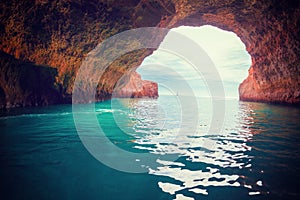 Entrance in Benagil cave in Algarve region. Atlantic Ocean, Portugal, Europe