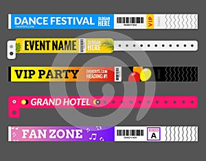Entrance bracelet at concert event zone festival. Access id template design. Perfoming carnival or dance wristband design entrance