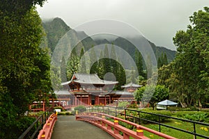 Entrance Bridge Buddhist Temple Byodo-In. photo